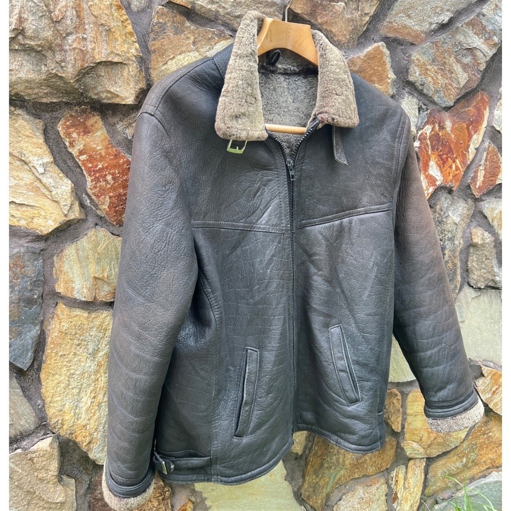 Vintage Genuine Sheepskin Shearling Leather Bomber Jacket Men's L-XL Brown USA